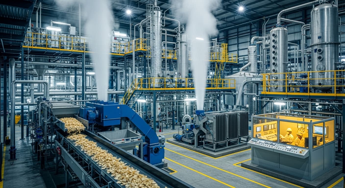 Pabrik etanol yang beroperasi menggunakan keripik singkong sebagai bahan baku (gambar yang dihasilkan oleh AI)