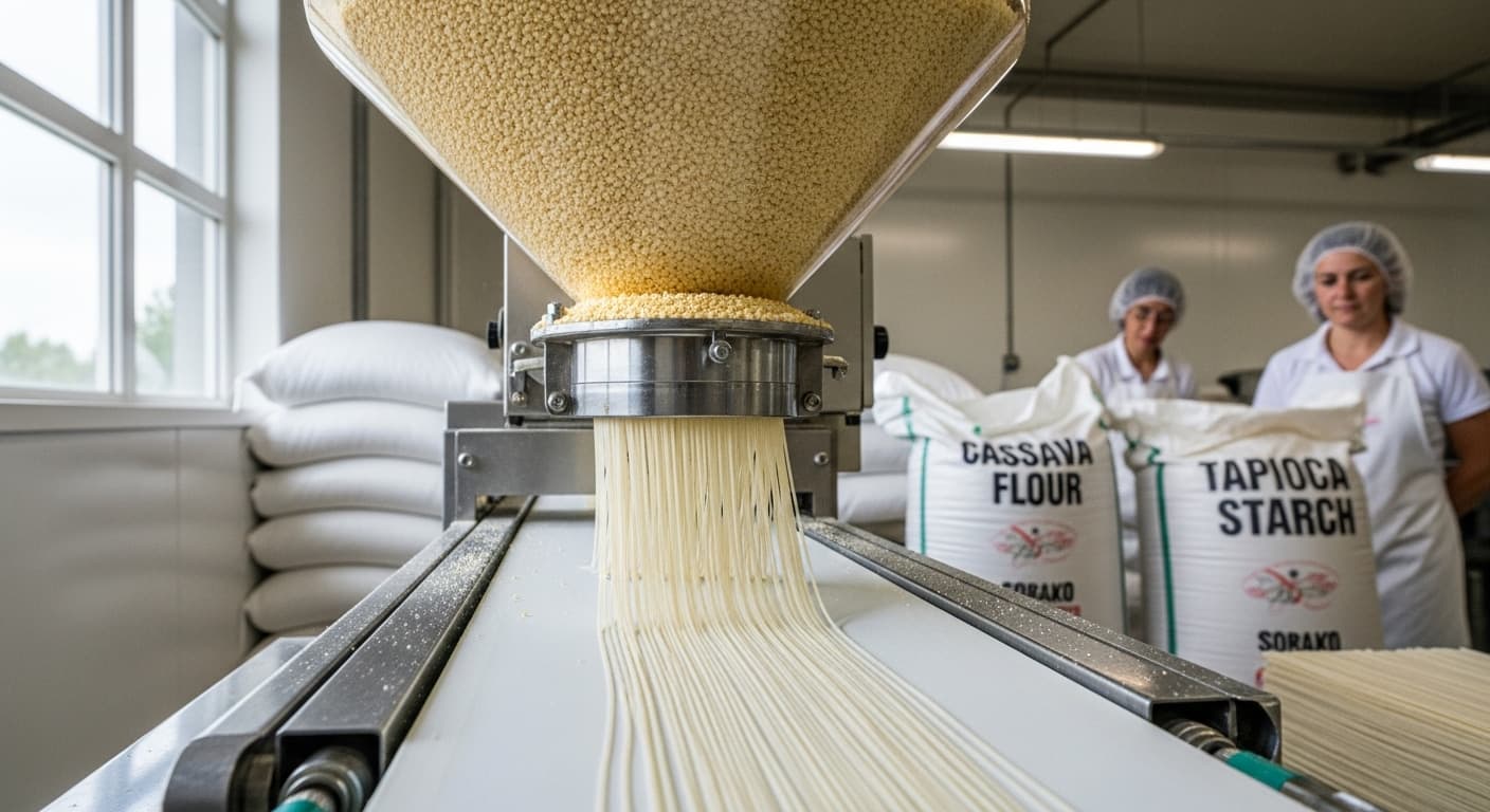 Production of gluten-free noodles using cassava chips as an ingredient (AI-generated image)