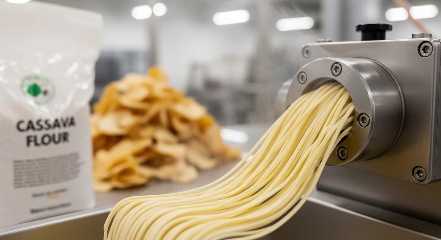 Producción de fideos sin gluten utilizando chips de yuca como ingrediente (imagen generada por IA)