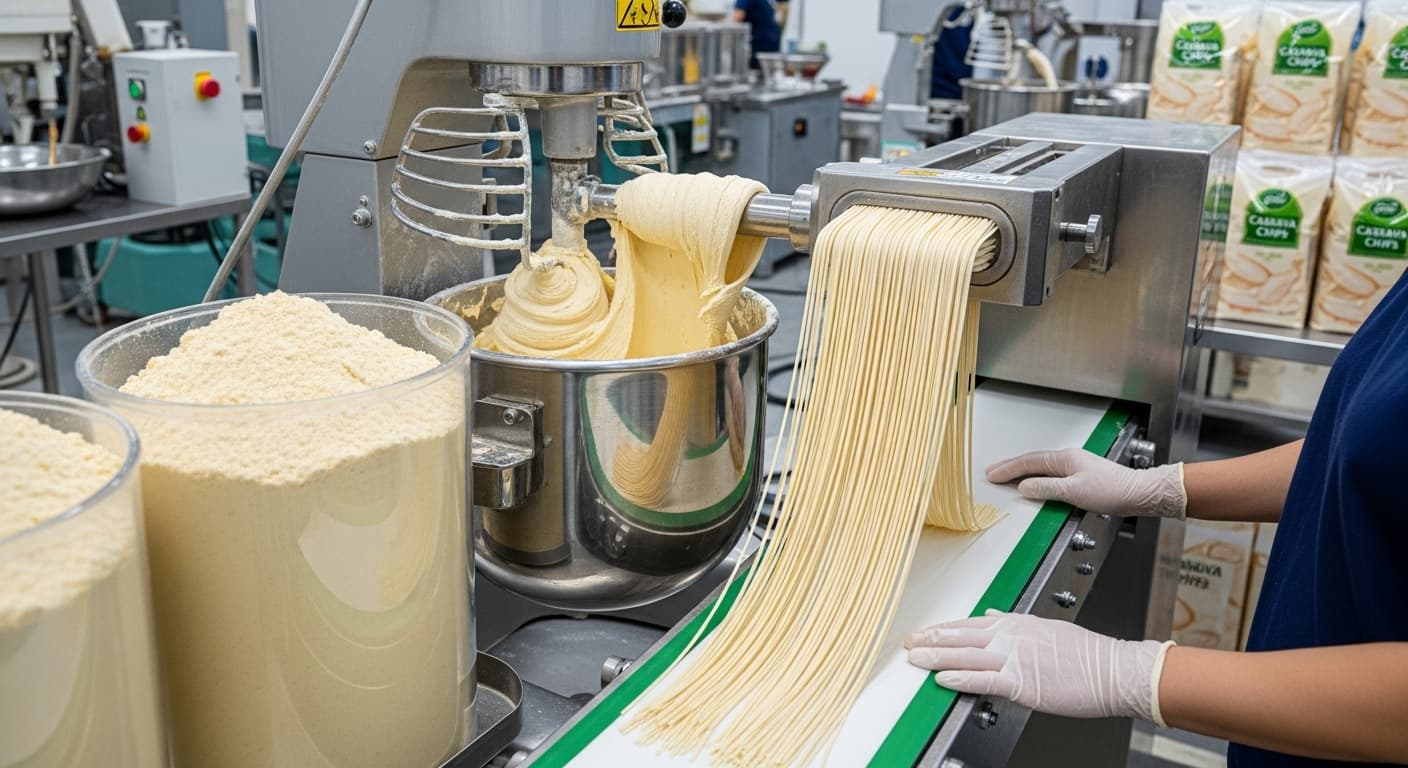 Produksi mi bebas gluten menggunakan keripik singkong sebagai bahan (gambar yang dihasilkan oleh AI)