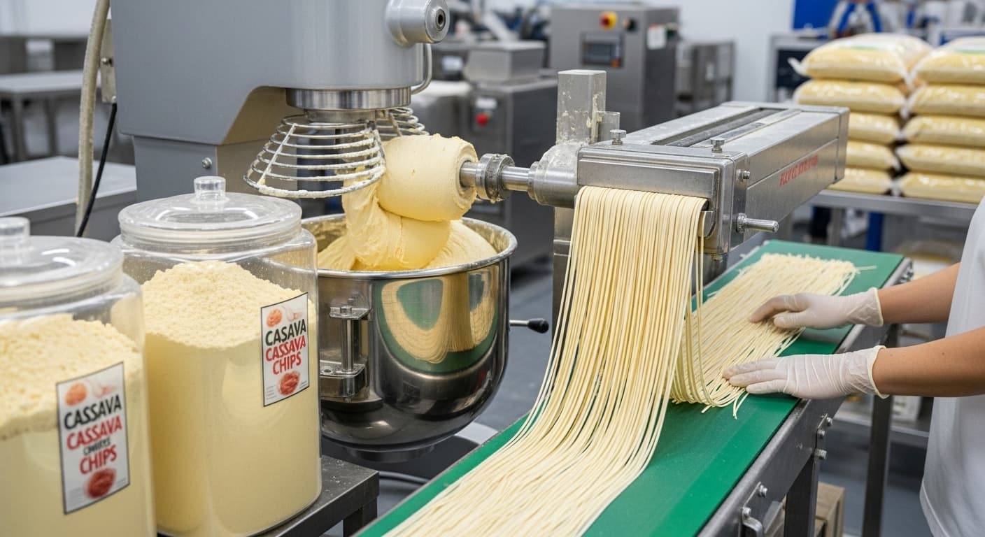 Production de nouilles sans gluten utilisant des copeaux de manioc comme ingrédient (image générée par IA)