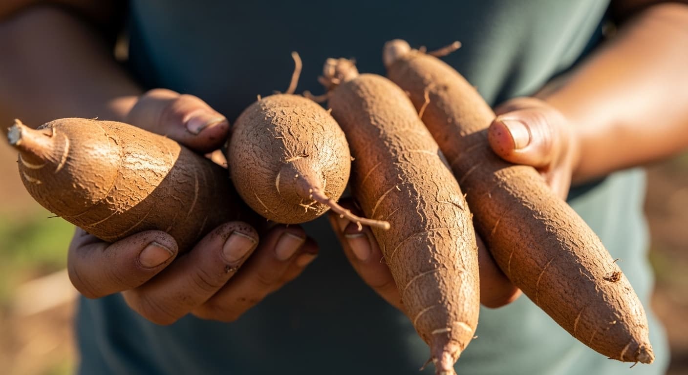 Primer plano de las manos de una agricultora pequeña productora sosteniendo tubérculos de yuca frescos (imagen generada por IA)