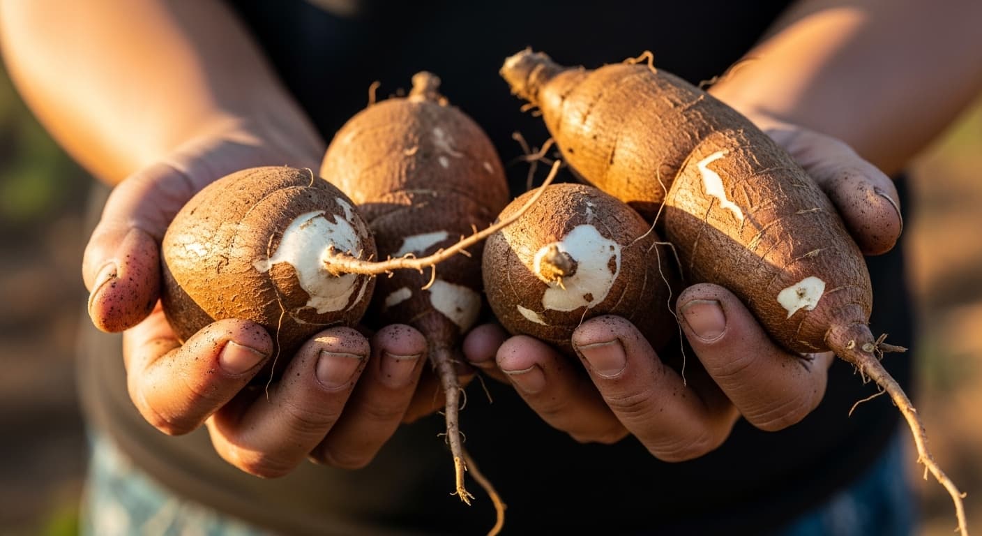 Tampilan jarak dekat tangan seorang petani kecil perempuan yang memegang umbi singkong segar (gambar yang dihasilkan oleh AI)