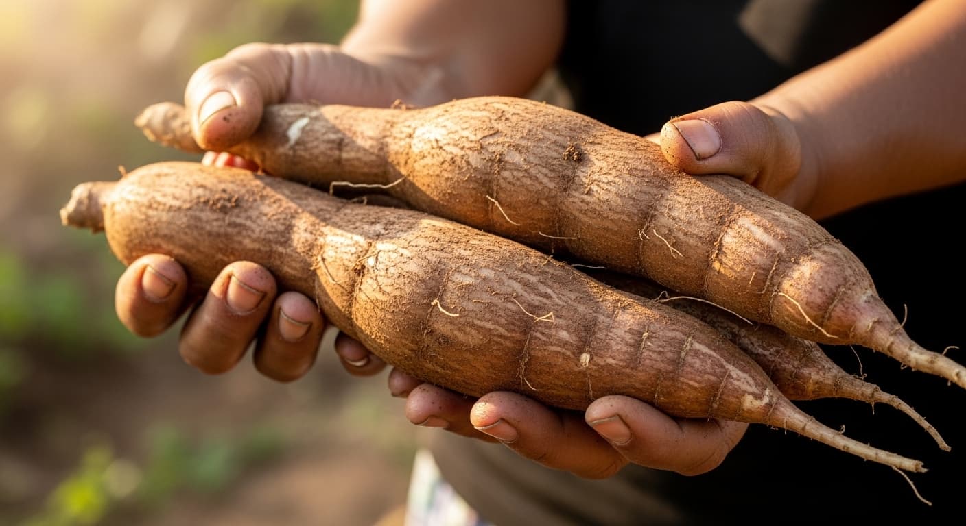 Gros plan des mains d’une agricultrice exploitante tenant des tubercules de manioc frais (image générée par IA)