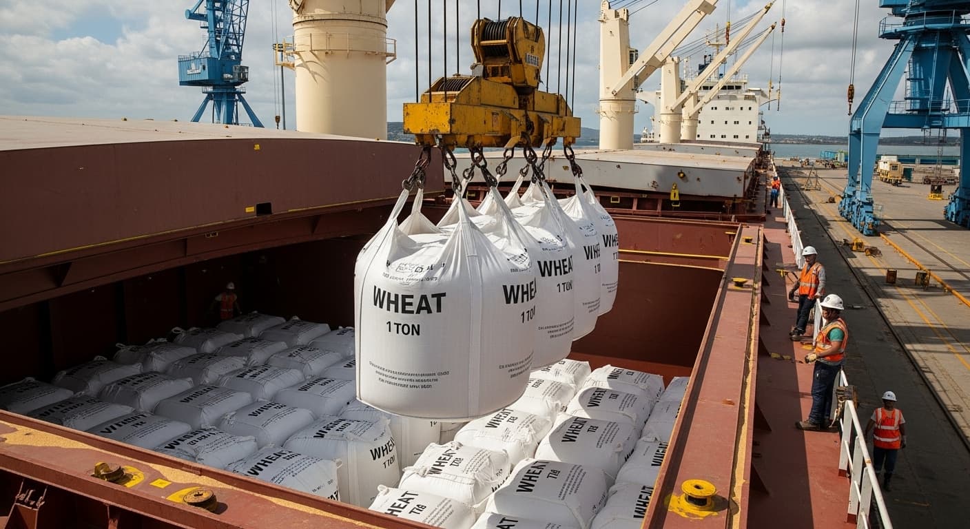Kantong jumbo berisi gandum sedang dimuat ke kapal curah (gambar yang dihasilkan oleh AI)