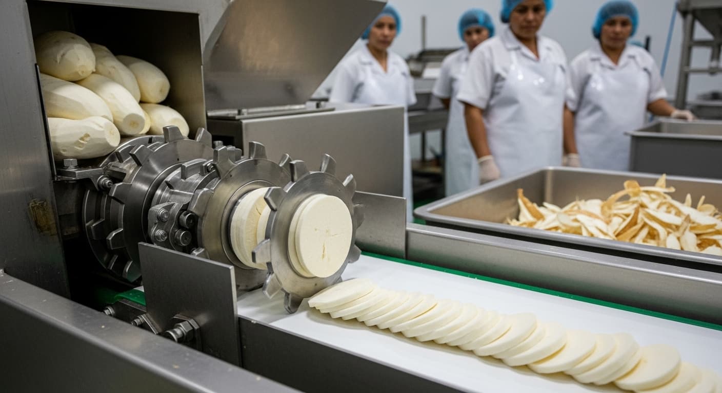 Lini mesin pengiris singkong mengiris akar singkong yang telah dikupas menjadi irisan bulat (gambar yang dihasilkan oleh AI)