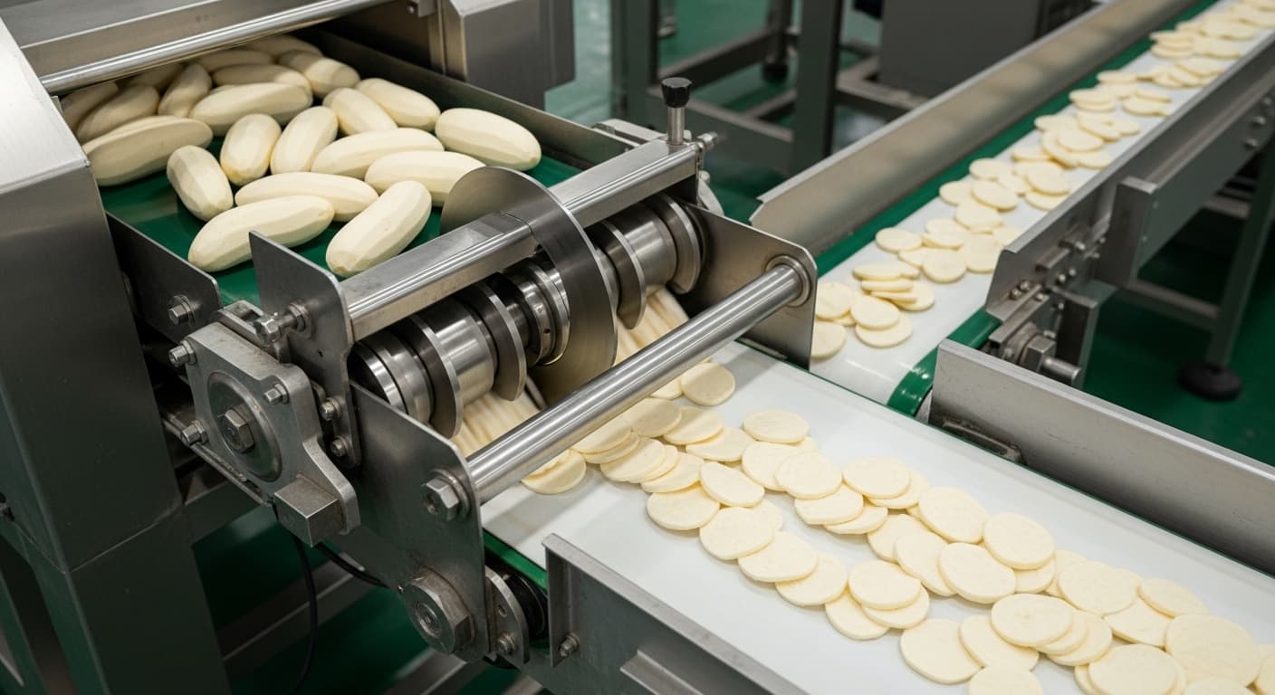 Une ligne de machine de découpe de manioc tranche des racines de manioc pelées en rondelles (image générée par IA)