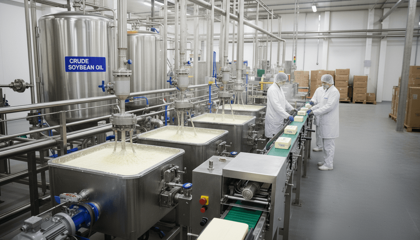 Linea di produzione di margarina che utilizza olio di soia grezzo come ingrediente (immagine generata da IA)