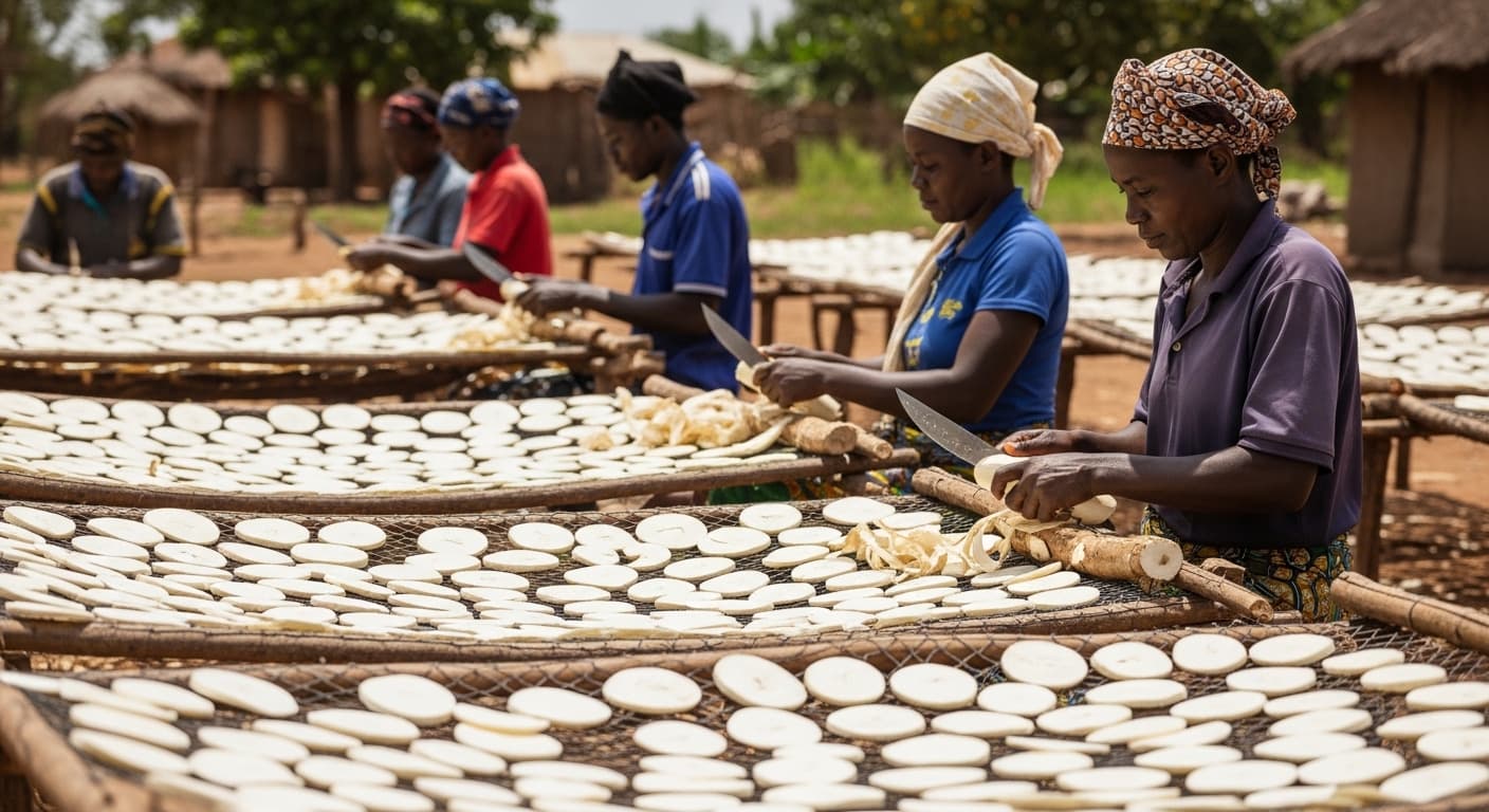 İşçiler manyok yumrularını ahşap raflar üzerinde elle soyup ince dilimler halinde kesiyor (Yapay zekâ tarafından oluşturulmuş görsel)