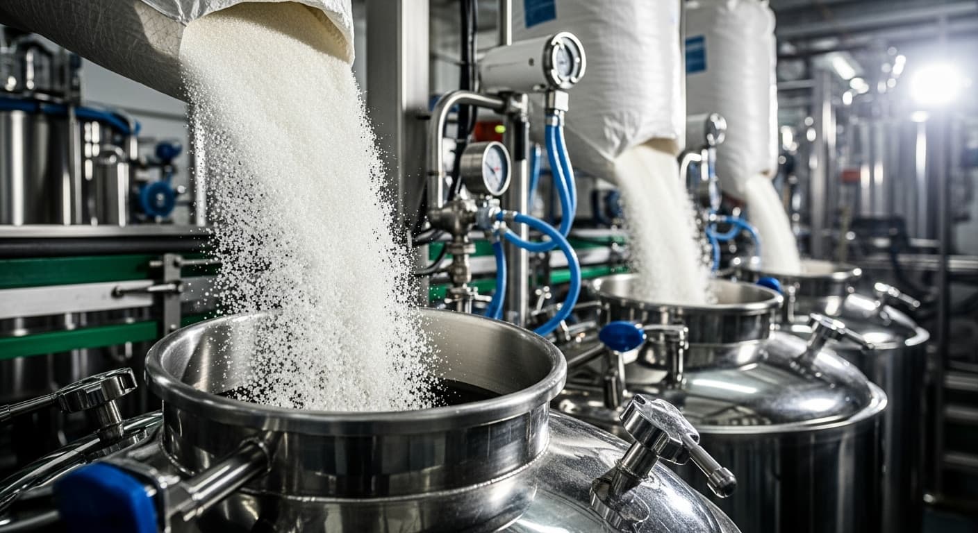 ICUMSA 45 refined white sugar is being poured into stainless-steel mixing tanks (AI-generated image).