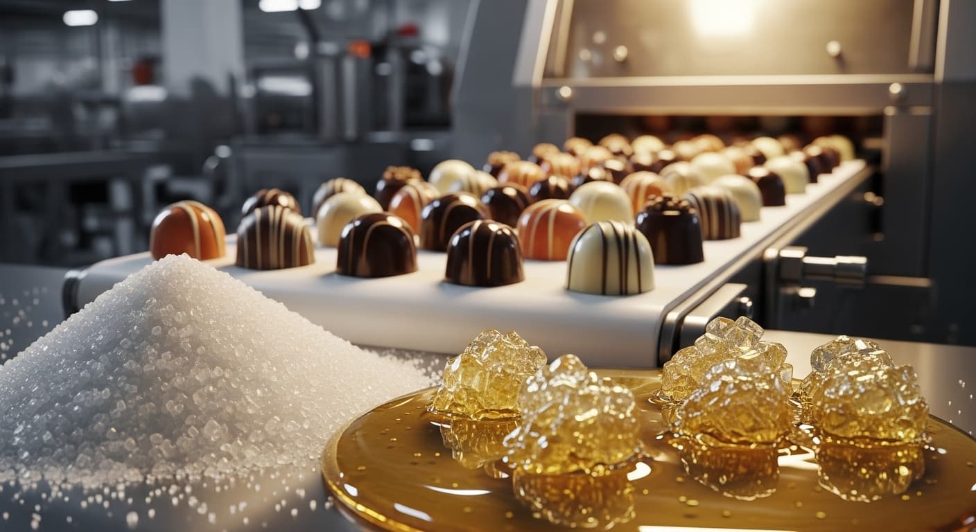 ICUMSA 45 sugar is used in confectionery production (AI-generated image).