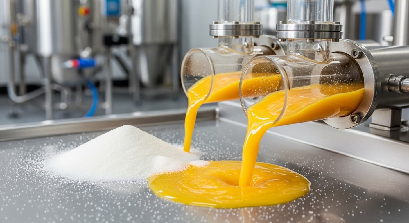 Gula ICUMSA 45 dicampurkan dalam produksi jus buah (gambar yang dihasilkan oleh AI).