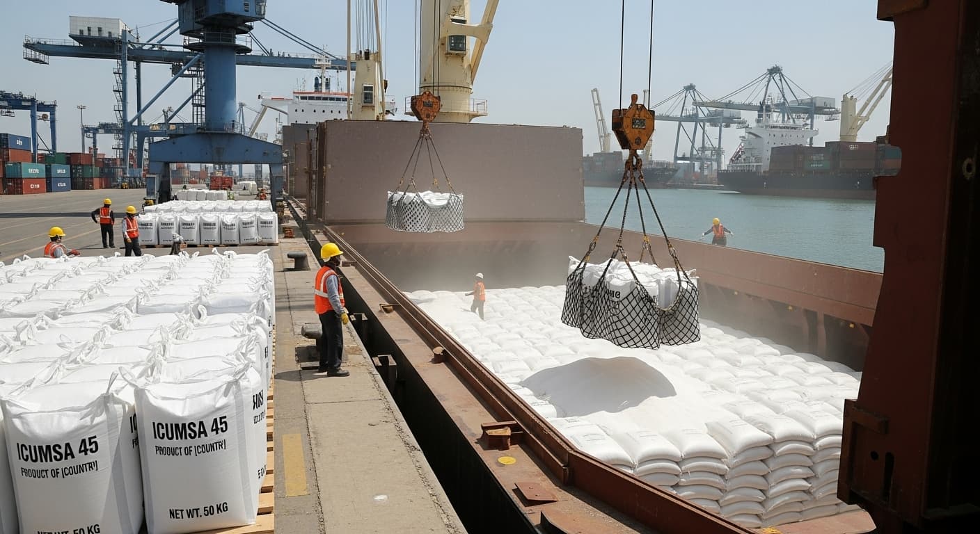 Pemuatan curah gula ICUMSA 45 dalam karung PP ke kapal kargo curah (gambar dihasilkan oleh AI).