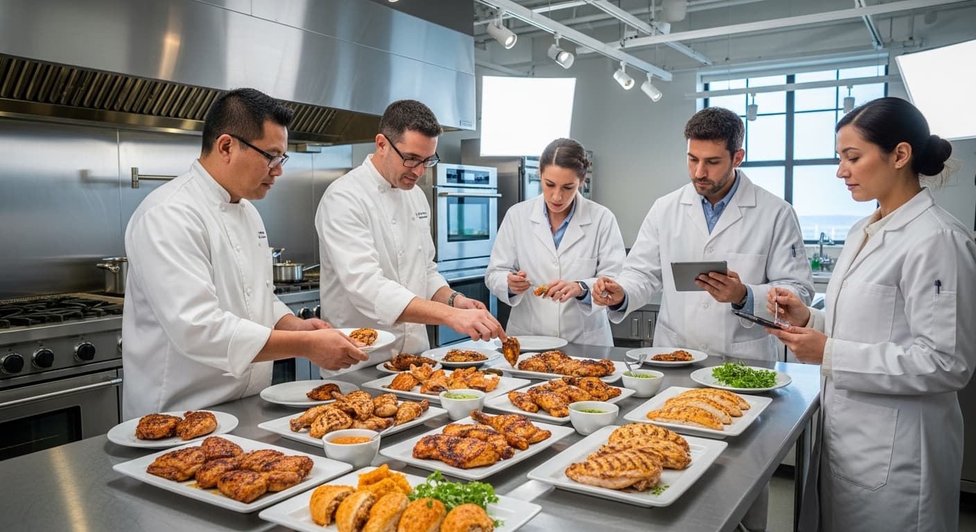A food manufacturer’s R&D kitchen testing Brazilian chicken cuts (AI-generated image).