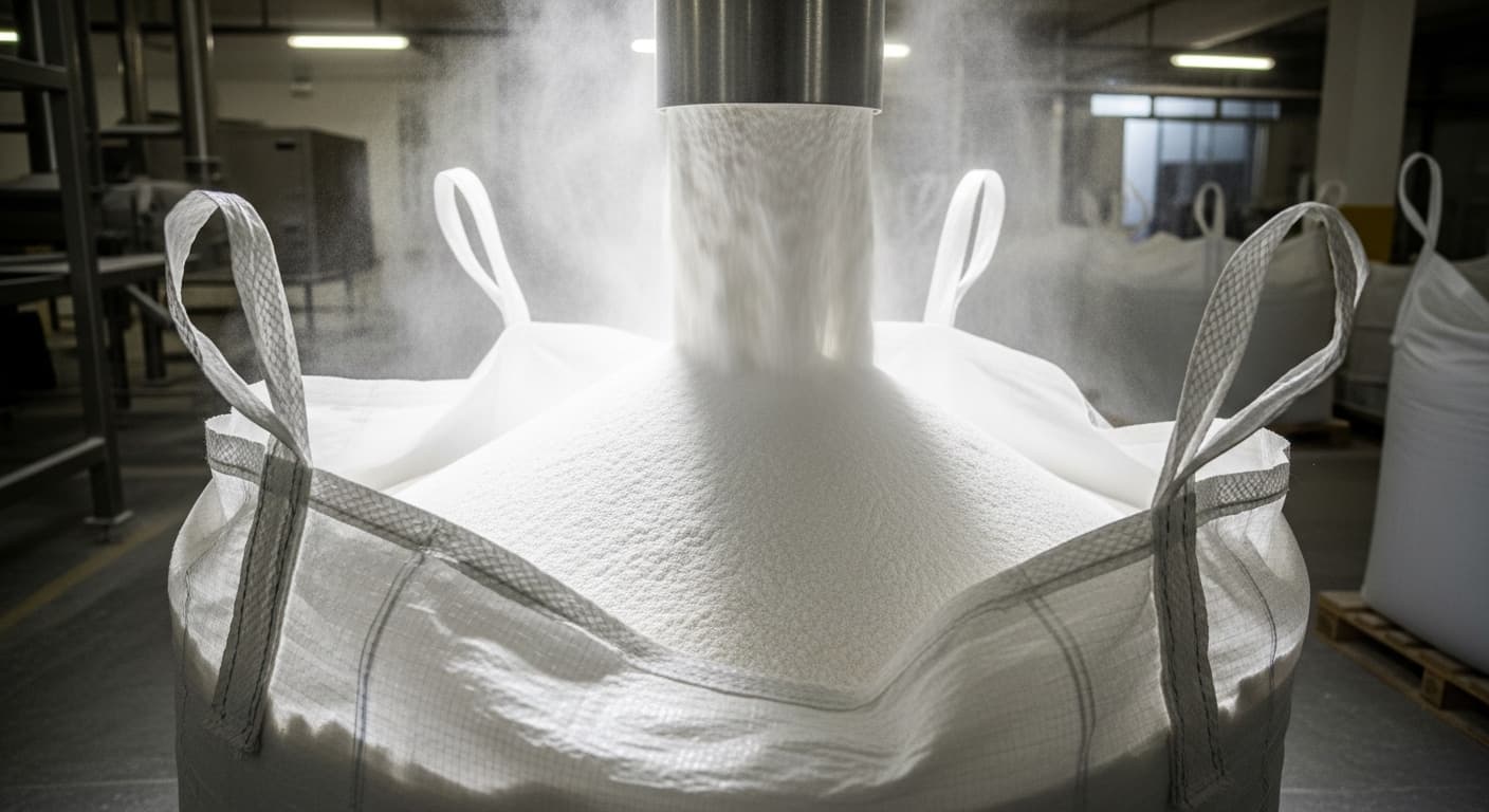 Wheat starch falling into a jumbo bag (AI-generated image)