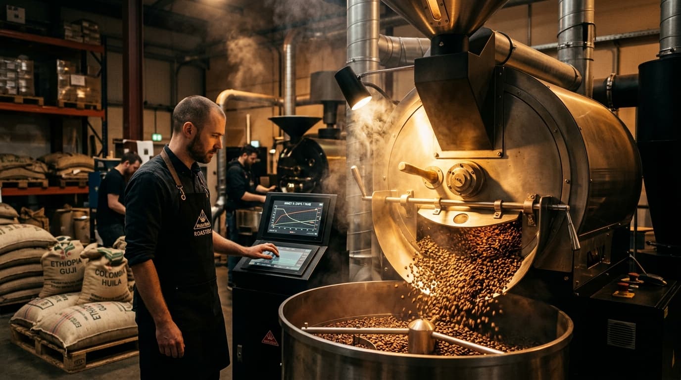 À l'intérieur d'une installation spécialisée de torréfaction de café où des grains d'Arabica de qualité supérieure sont torréfiés. (Image générée par IA)