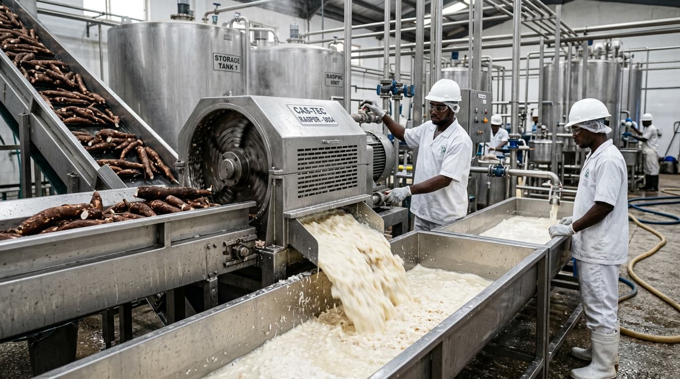 Fabrication d’amidon de manioc à l’intérieur d’une usine de transformation moderne au Nigeria. Des racines de manioc fraîches avancent sur un convoyeur en acier inoxydable vers une puissante machine de râpage/broyage équipée de lames rotatives qui râpent finement les racines. Une bouillie humide de pulpe de manioc s’écoule de l’unité de râpage vers un canal de collecte, montrant des fibres de manioc brisées et un liquide riche en amidon. Des équipements industriels en acier inoxydable, des tuyaux et des cuves de transformation sont visibles à l’arrière-plan. (Image générée par IA)