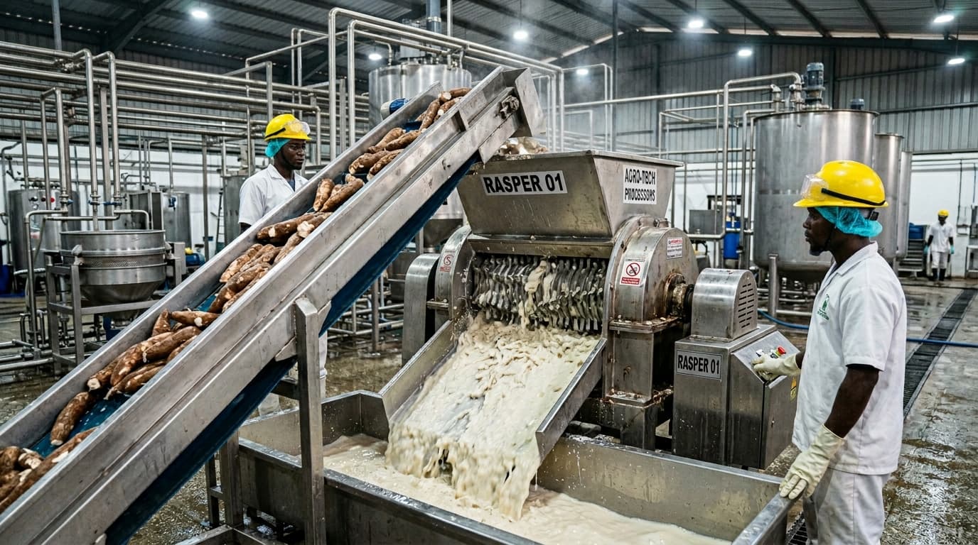Fabricación de almidón de yuca dentro de una moderna planta de procesamiento en Nigeria. Raíces frescas de yuca se desplazan por una cinta transportadora de acero inoxidable hacia una potente máquina de raspado/trituración con cuchillas giratorias que rallan finamente las raíces. Una pulpa húmeda de yuca sale de la unidad de raspado hacia un canal de recolección, mostrando fibras de yuca rotas y un líquido rico en almidón. Equipos industriales de acero inoxidable, tuberías y tanques de procesamiento son visibles en el fondo. (Imagen generada por IA)