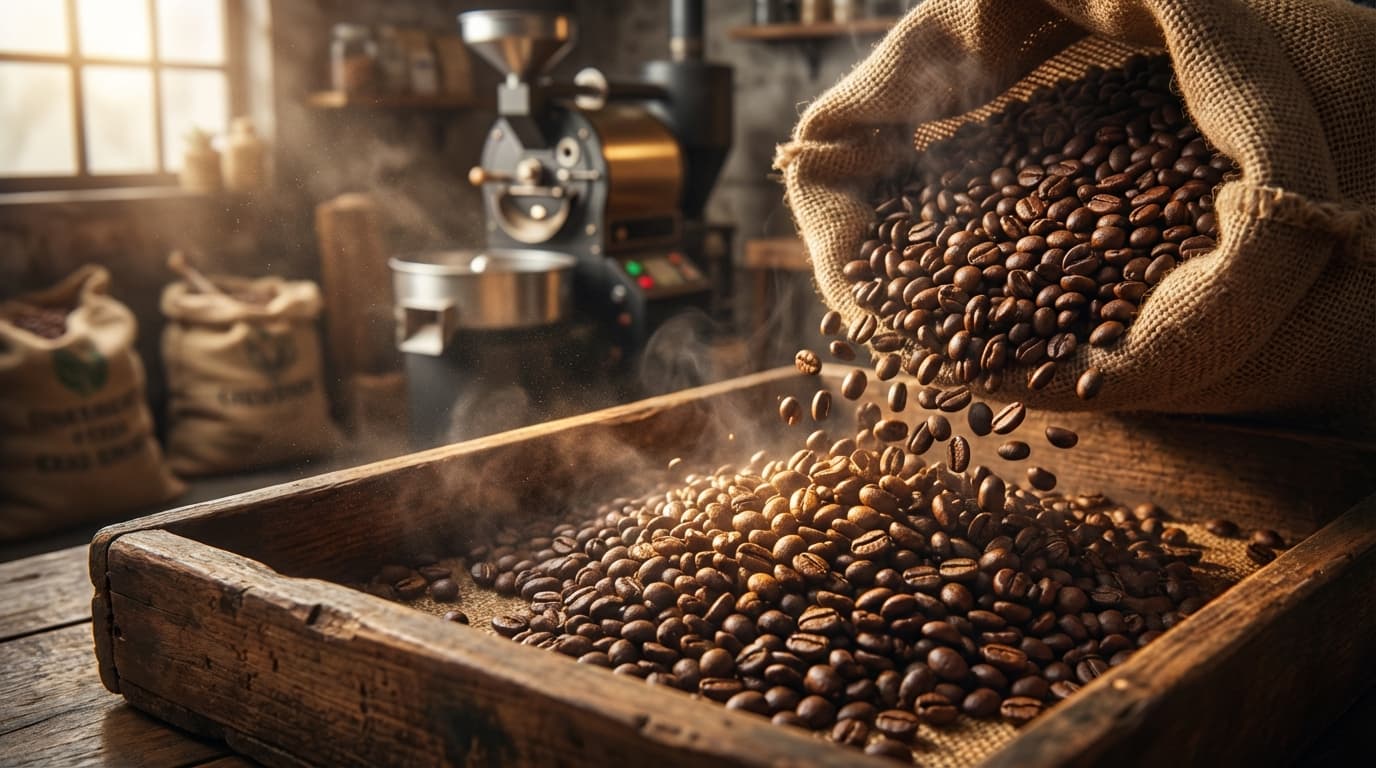 Geröstete vietnamesische Kaffeebohnen, die in ein Tablett fallen (KI-generiertes Bild)