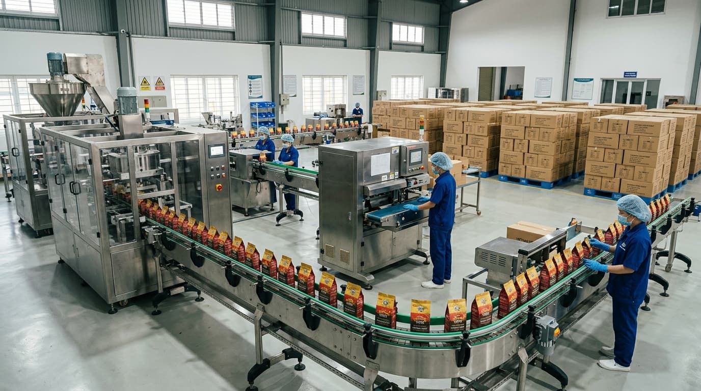 Kaffeeverpackungslinie in einer Kaffeefabrik in Vietnam (KI-generiertes Bild)