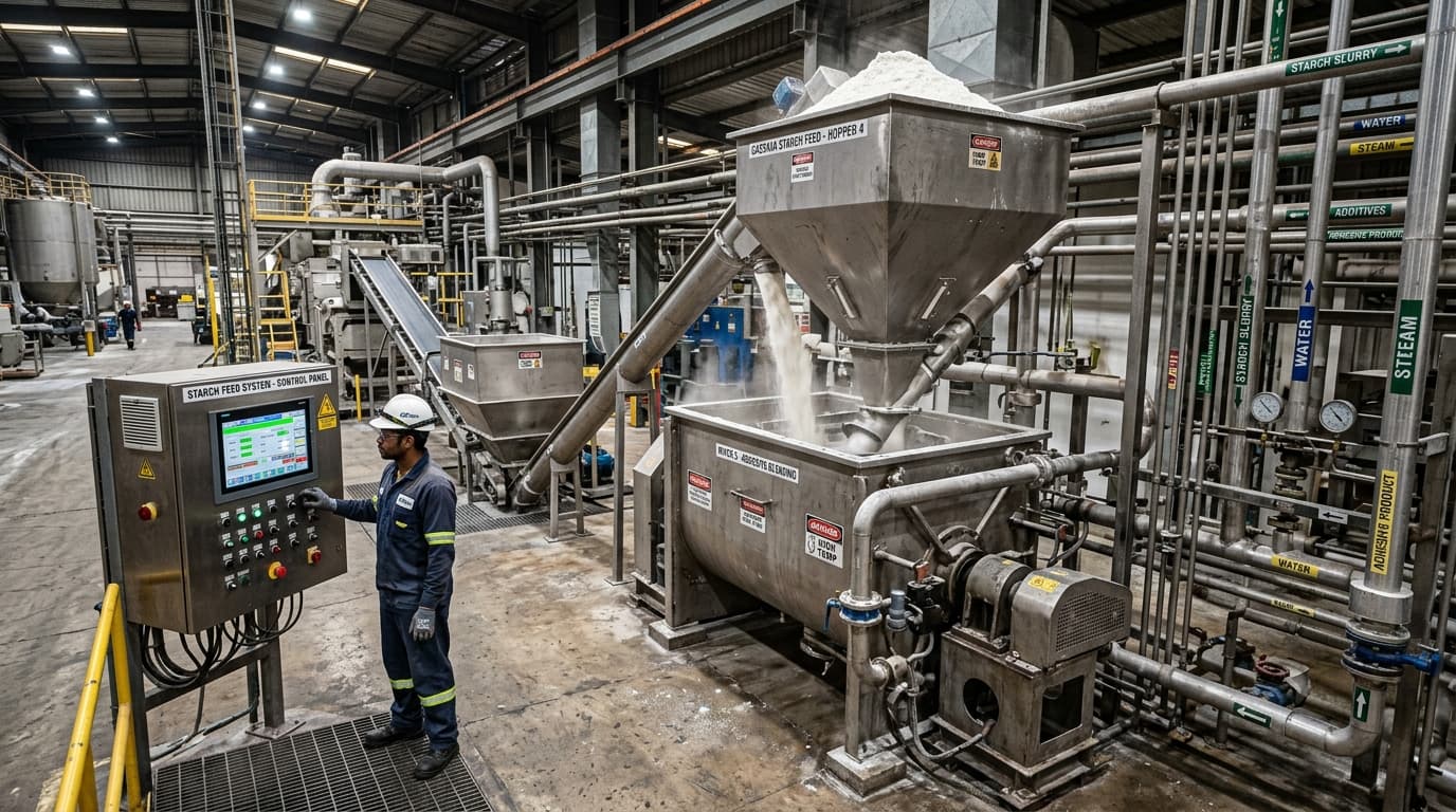 キャッサバデンプンがミキサーに投入される工業用接着剤または製紙の製造ライン — 機械設備、配管、制御パネル(AI生成画像)