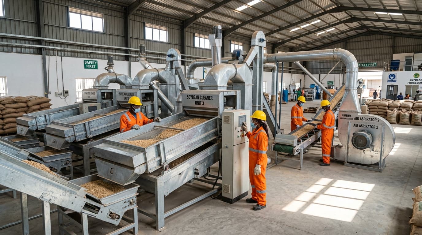 Nijerya'da bir soya fasulyesi temizleme hattı (YZ tarafından oluşturulan görsel)