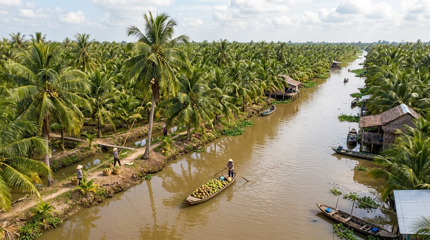 A coconut plantation in Vietnam’s Mekong Delta (AI-generated image).
