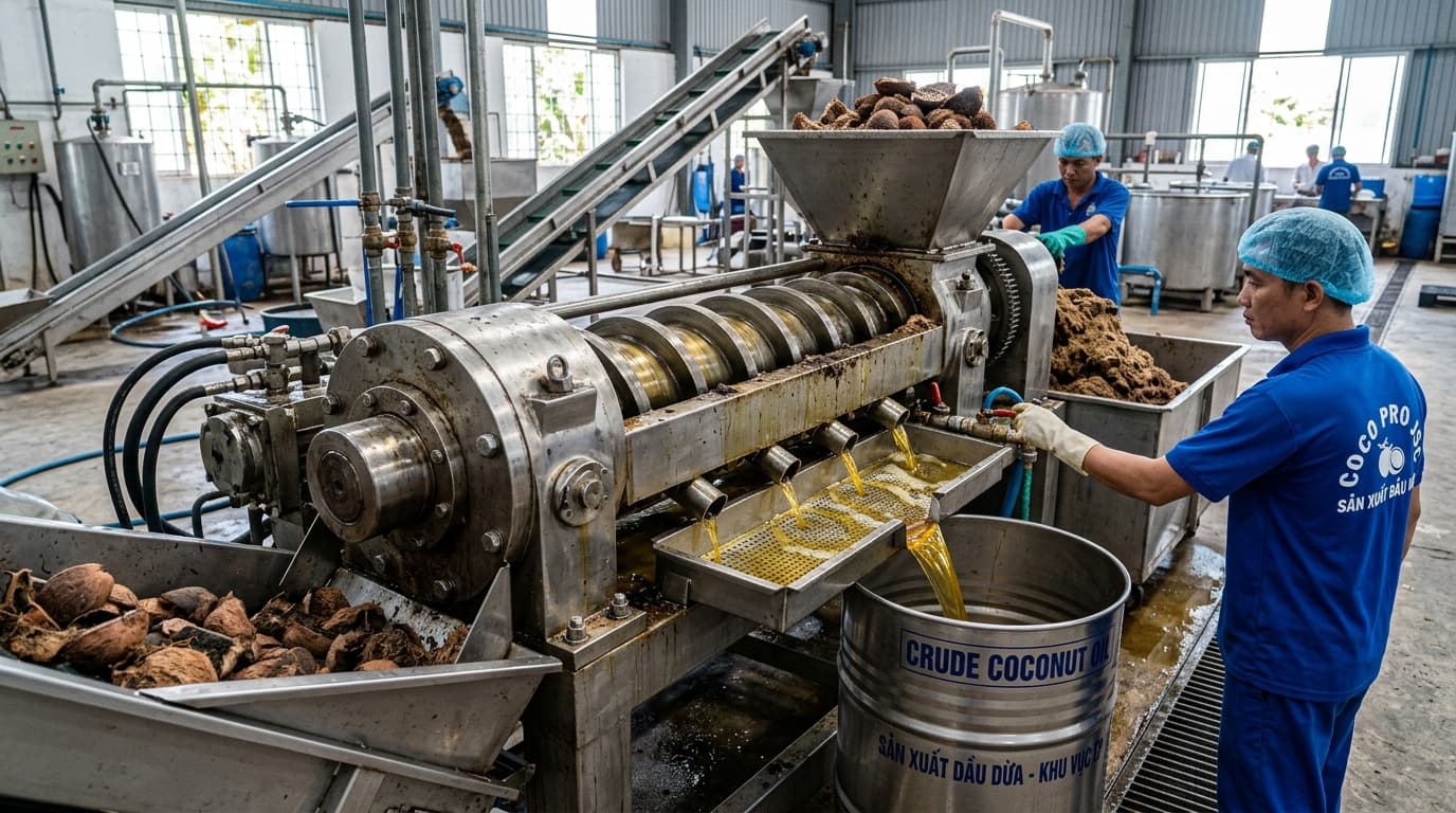 Copra processing for coconut oil extraction using a mechanical expeller press in Vietnam (AI-generated image).