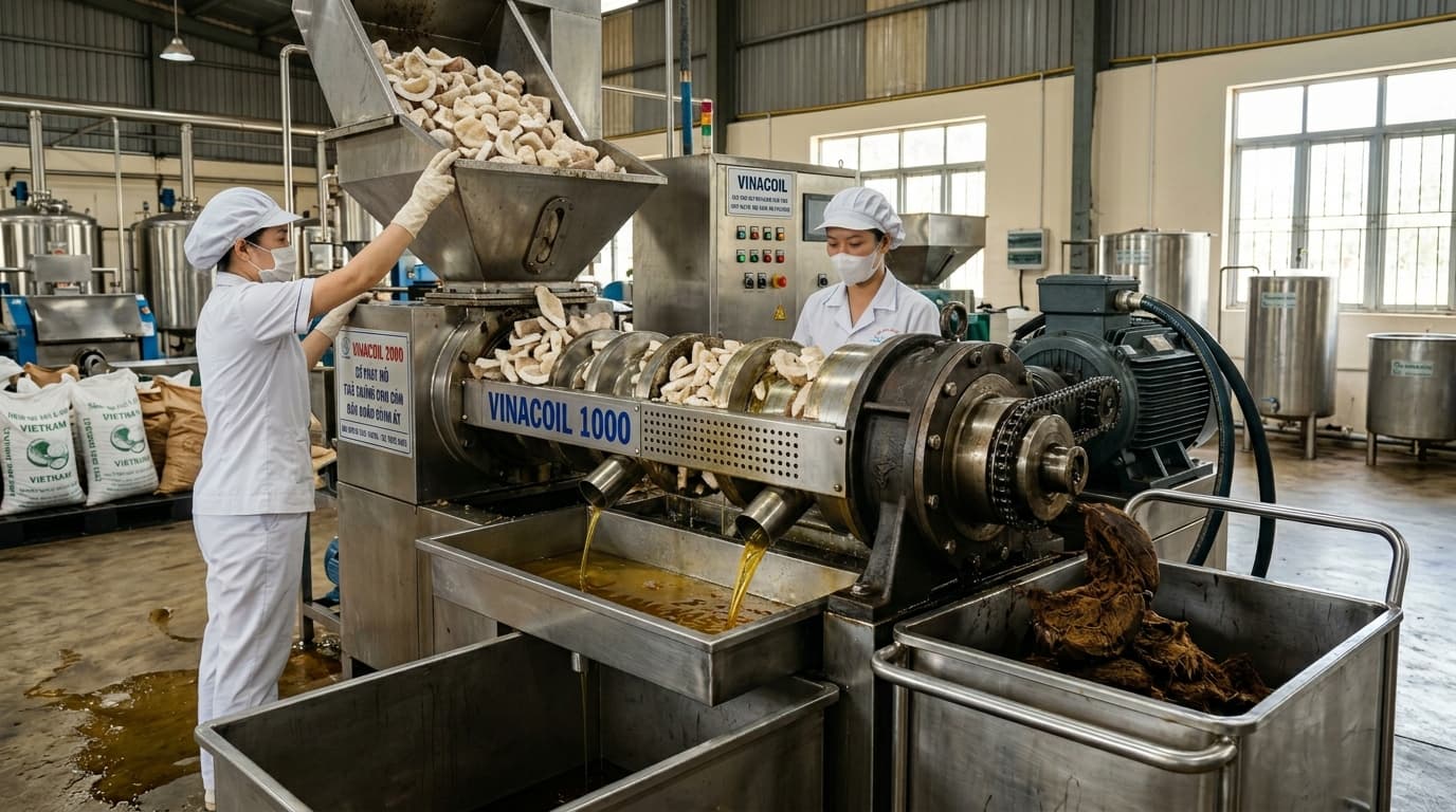 在越南使用机械螺旋压榨机进行椰干(Copra)加工以提取椰子油(AI生成图像)。