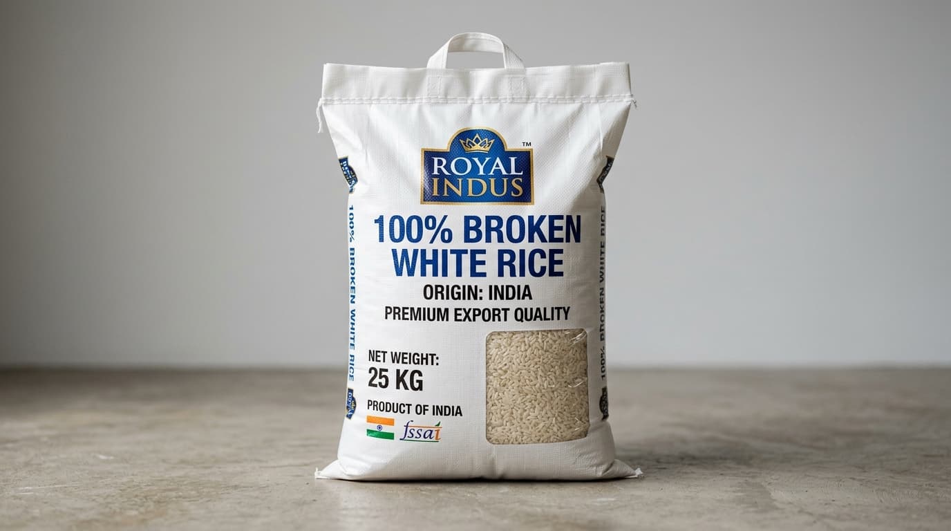 Sac de 25 kg de riz blanc 100 % brisé, origine : Inde (image générée par IA)