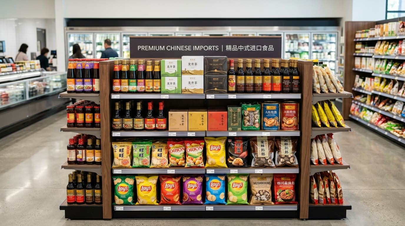 Adegan pasar impor Tiongkok dengan produk makanan kemasan yang dipajang (gambar yang dihasilkan oleh AI).