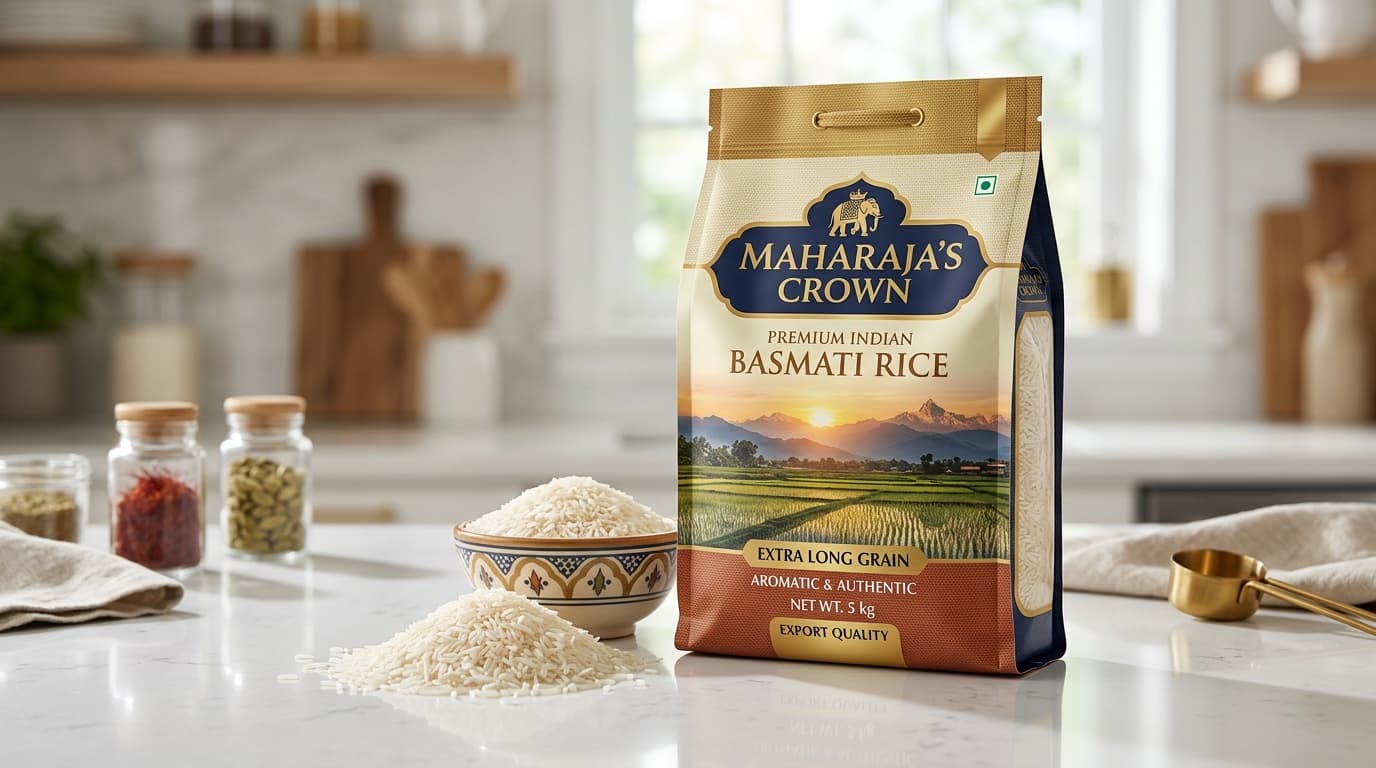Riz basmati indien dans un sac de 5 kg (image générée par IA)