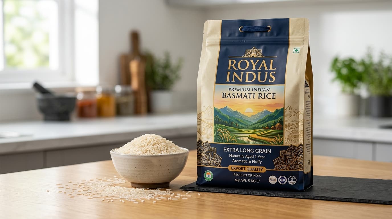 Arroz basmati indio en una bolsa de 5 kg (imagen generada por IA)
