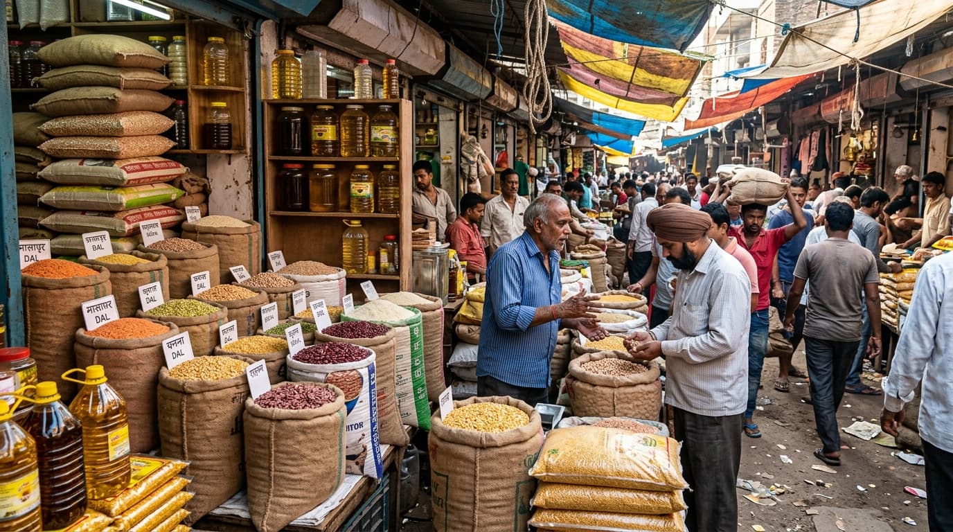 Un marché de gros indien spécialisé dans les huiles alimentaires et les légumes secs (image générée par IA).
