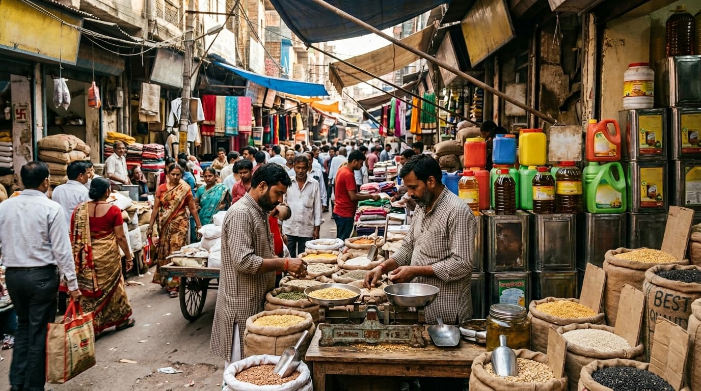 Pasar grosir India yang تخصصnya pada minyak nabati dan kacang-kacangan/polong-polongan yang dapat dimakan (gambar yang dihasilkan oleh AI).