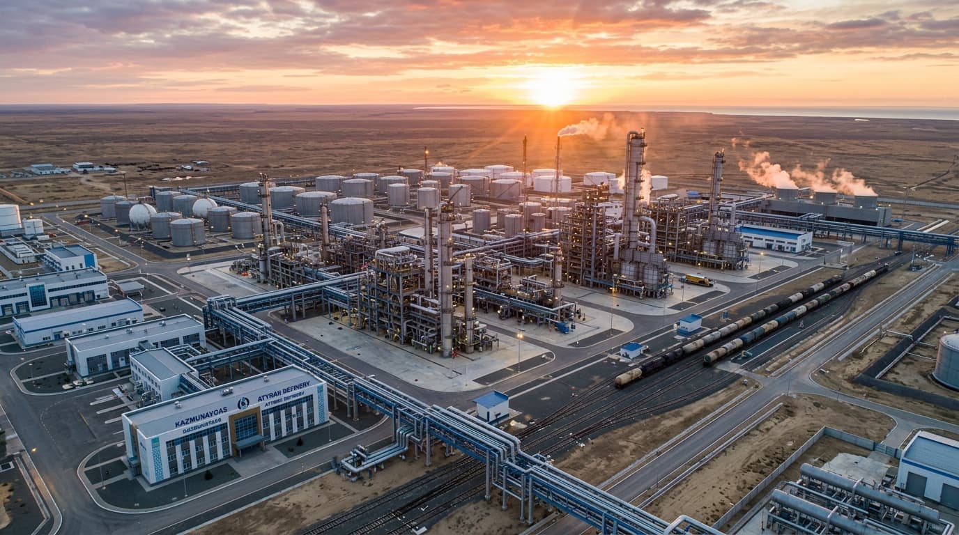 Refinería de petróleo kazaja al amanecer (imagen generada por IA)