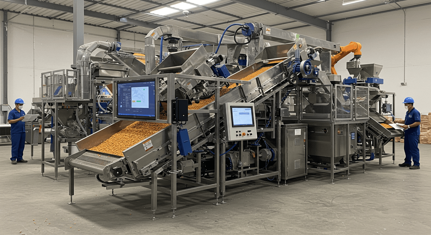 Equipamento de triagem de grãos de milho controlado pela IA (imagem gerada pela IA).