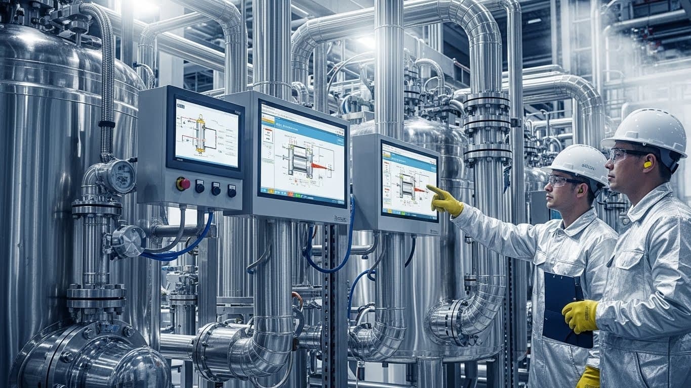 Équipement de filtration d'huile de tournesol dans une raffinerie, avec des techniciens en EPI surveillant des écrans (image générée par IA)