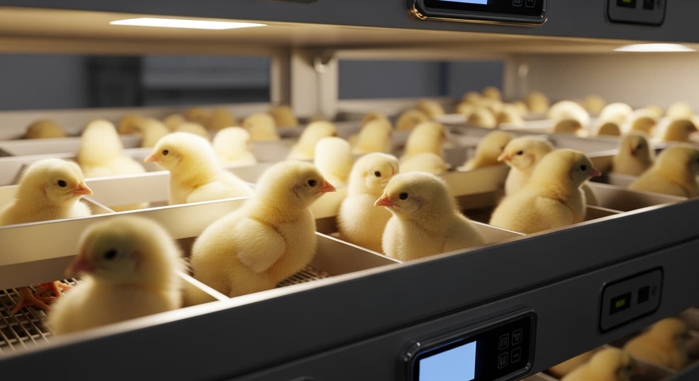 高科技孵化器中的肉鸡雏鸡(AI 生成的图像)。