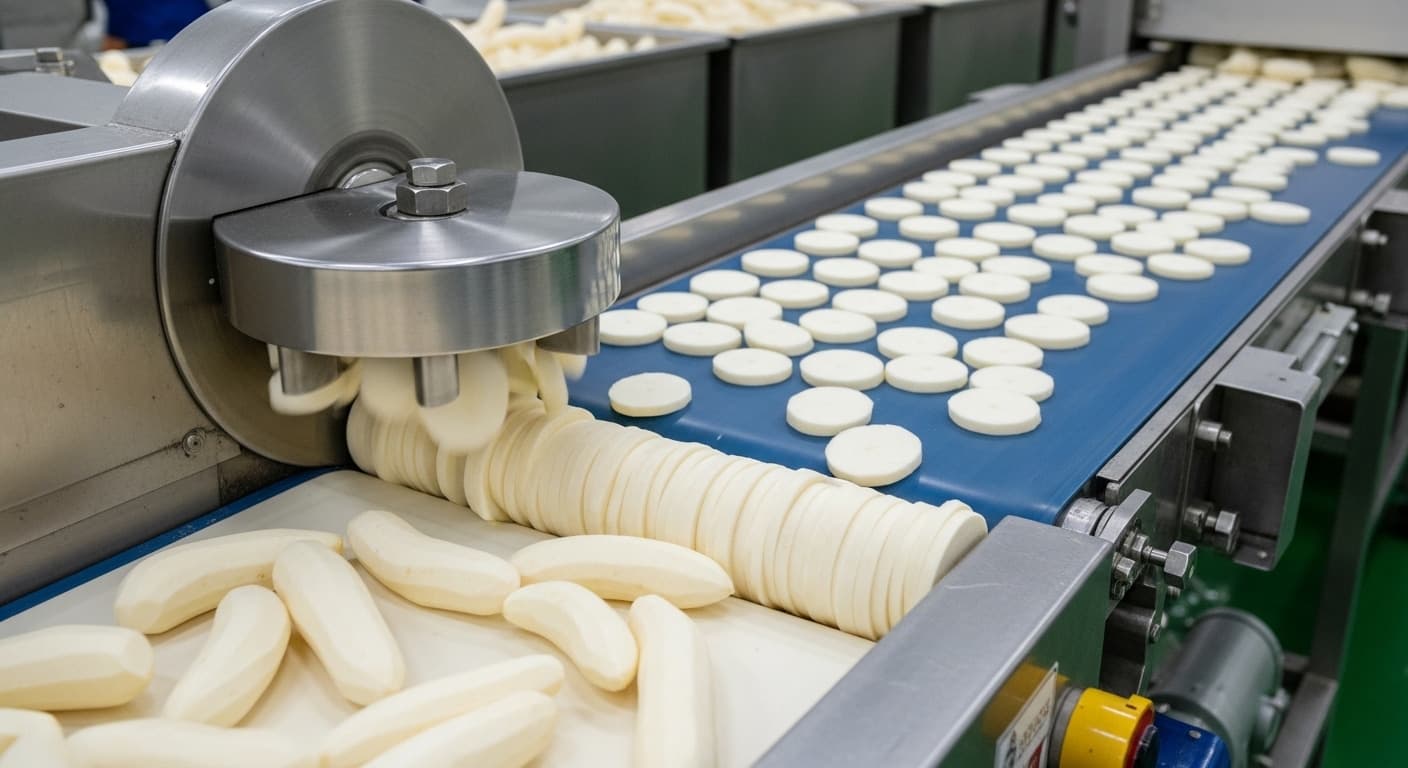 A cassava slicing machine line slices peeled cassava roots into round slices (AI-generated image)